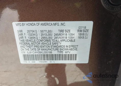 2019 Acura Mdx Standard from USA, damaged, VIN 5J8YD4H39KL000188